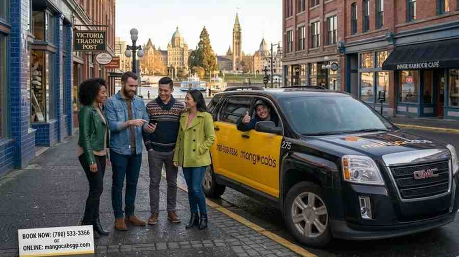 a group of friends in Victoria near a Mango Cabs SUV. Both images prominently display the Mango Cabs phone number and website.