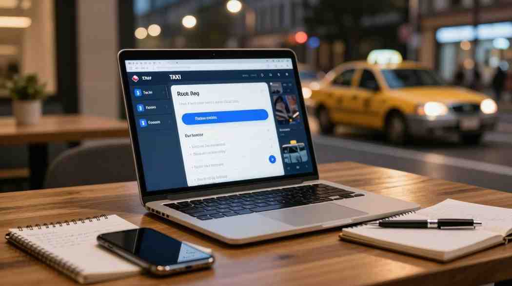 Laptop Displaying Taxi Booking Website on Wooden Table