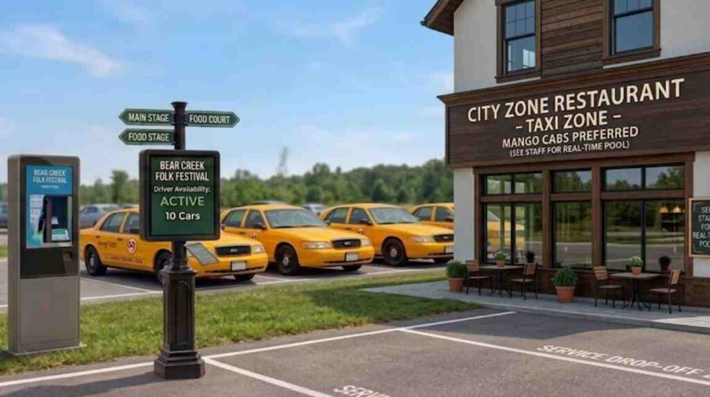 A row of branded yellow Mango Cabs parked in a designated taxi zone next to a local restaurant venue showing driver availability.