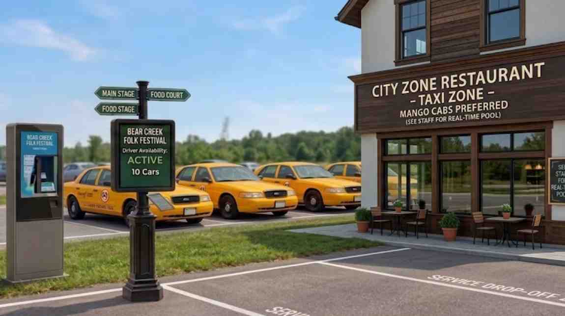 A row of branded yellow Mango Cabs parked in a designated taxi zone next to a local restaurant venue showing driver availability.