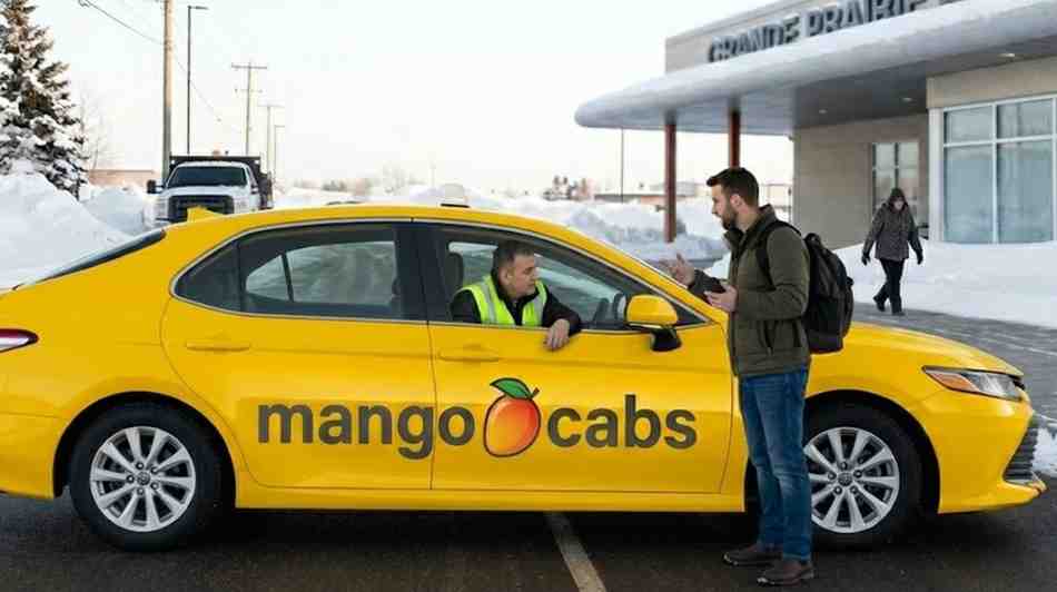 A vibrant yellow Mango Cabs taxi parked on a clear asphalt road in front of the snow-covered Grande Prairie Airport terminal during winter, while a driver and a passenger with a phone discuss a late-night or early-morning pickup.