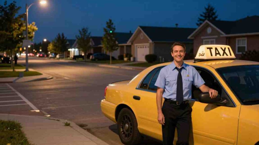 Friendly Taxi Driver Leaning Against Yellow Cab at Night