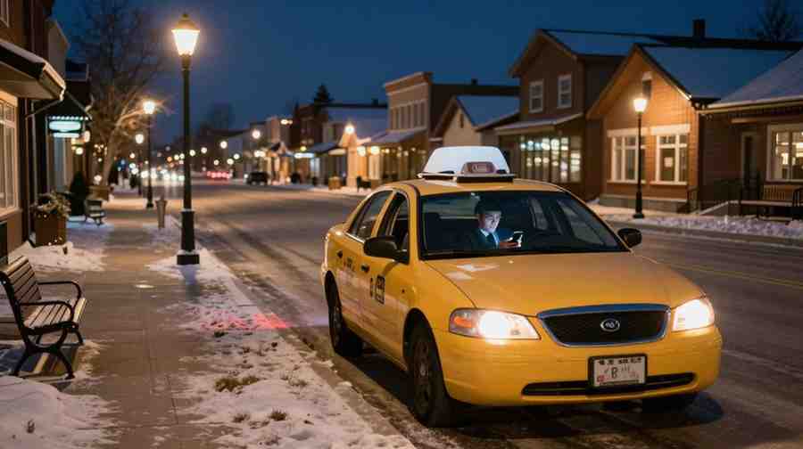 Yellow Taxi Parked on a Snowy Street at Dusk
