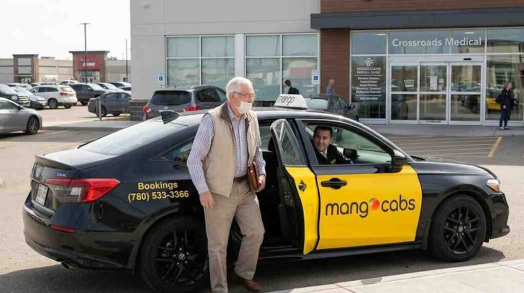 A high-resolution, full-frame photograph in 2240x1680 dimensions showing a senior gentleman wearing a face mask stepping out of a modern black and yellow "mangocabs" sedan taxi. The car is stopped at the sidewalk directly in front of the main entrance of the Crossroads Medical Clinic on a clear day. The driver is visible at the wheel, smiling as the passenger departs. The vehicle features clean, prominent branding logos and a text banner across the bottom.