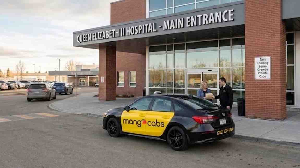 A wide-angle, panoramic view of a black and yellow Mango Cabs sedan parked outside the main entrance canopy of the Queen Elizabeth II Hospital. A professional driver gently assists a senior gentleman with a walking cane and his companion near the open passenger door. The side of the vehicle features the vibrant, clean "mangocabs" branding logo along with a dedicated text banner overlay displaying bookings contact information.