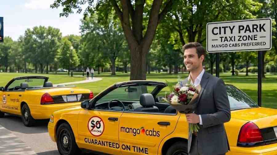 smiling man in a suit holding a bouquet of flowers stands next to a yellow convertible Mango Cab parked near a City Park taxi zone sign.