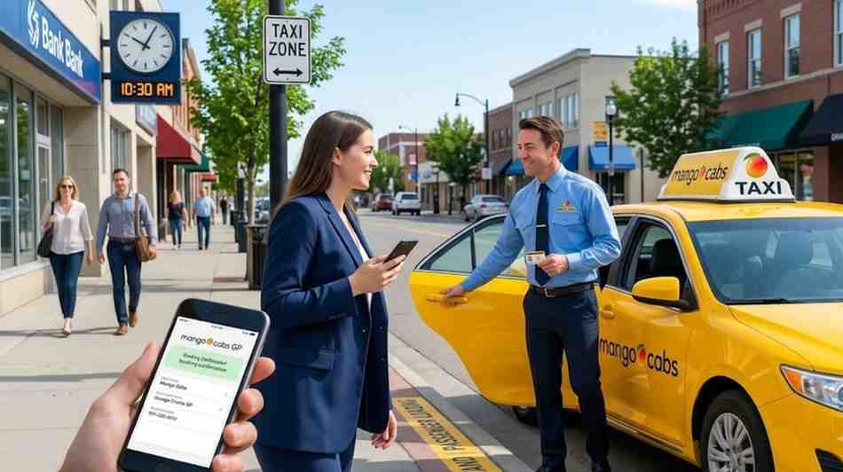 A passenger using a smartphone app to check a booking confirmation as a professional Mango Cabs driver opens the door of a yellow taxi on a clear day in Grande Prairie.