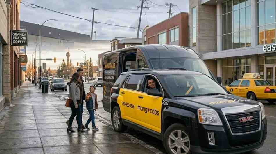 a family in Grande Prairie getting into a black and yellow Mango Cabs SUV.